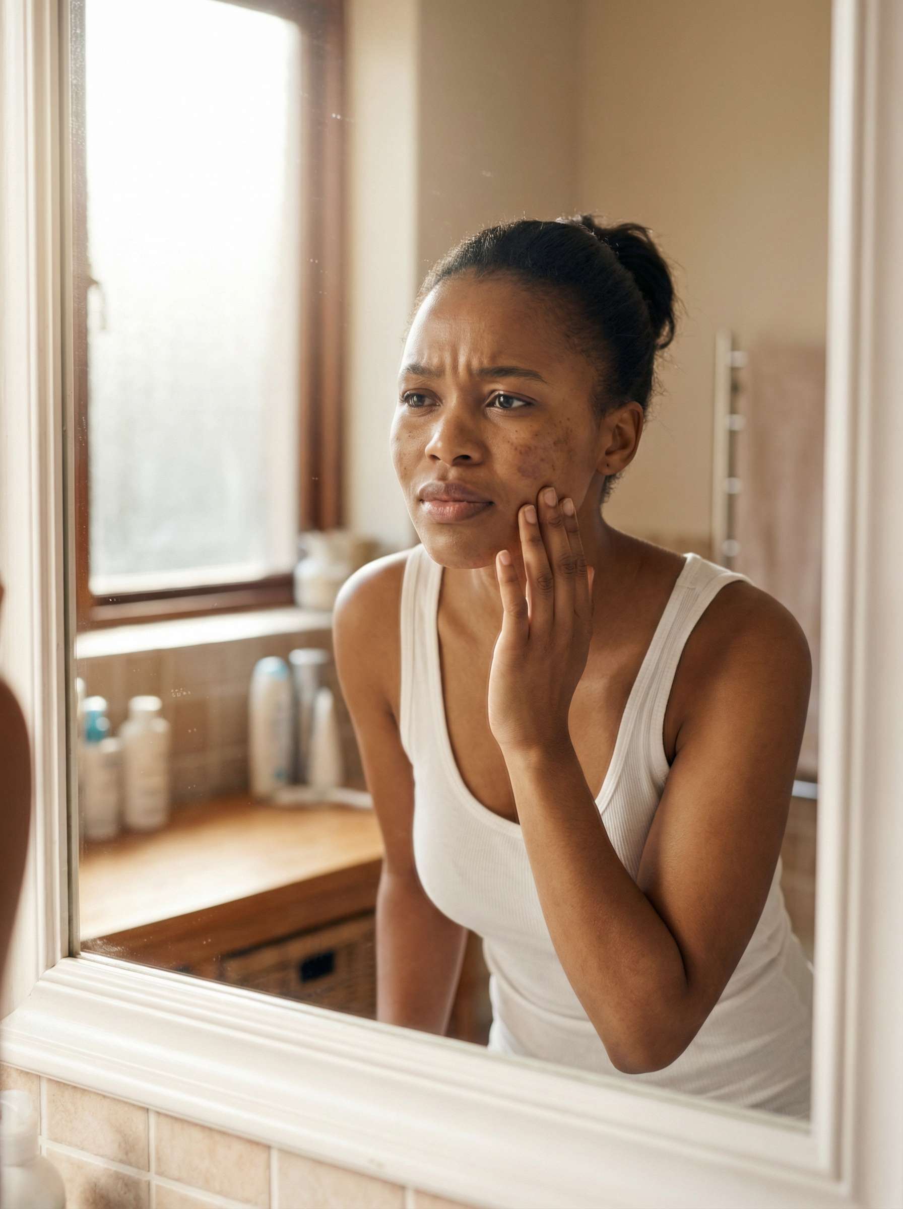 Woman examining skin concerns in mirror