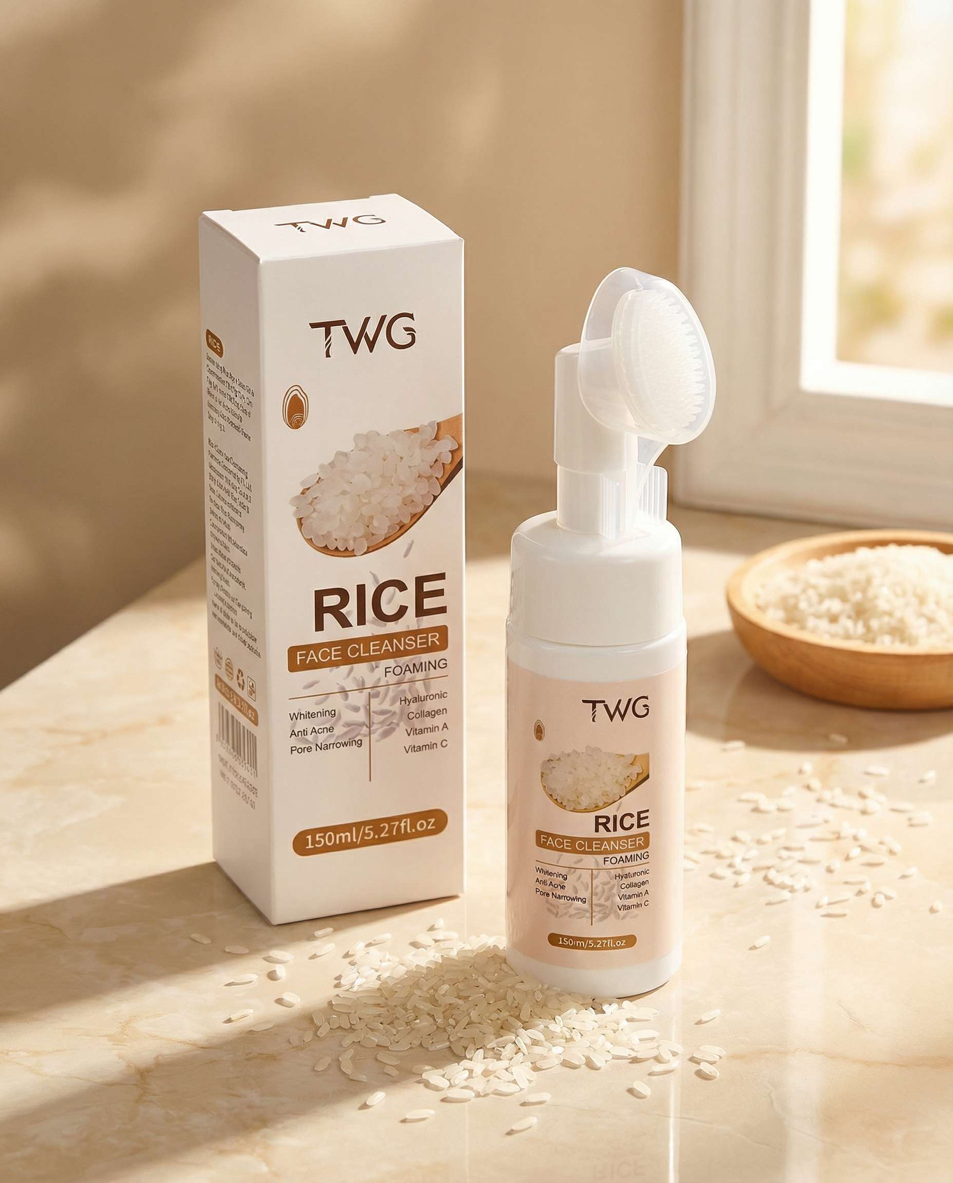 RiceGlow Foaming Rice Face Wash – TWG with built-in brush