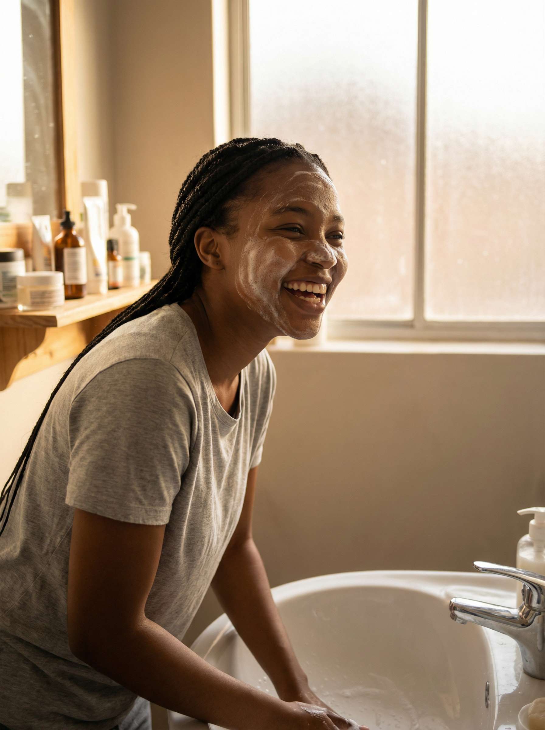 Woman washing face with foam